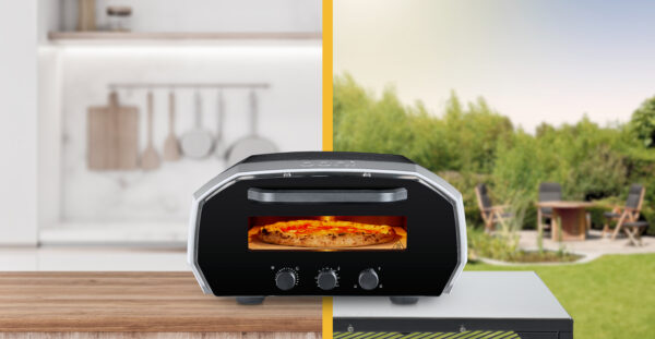 Ooni Volt 12 Electric Pizza Oven can be used indoors and outdoors - We can see this in the image which shows a red hot 450 degrees Celsius Ooni Volt 12 cooking a Neapolitan Pizza in 90 seconds: - the background is split down the middle with a yellow divider with a blurred kitchen scene on the left, and a blurred outdoor scene on the left.