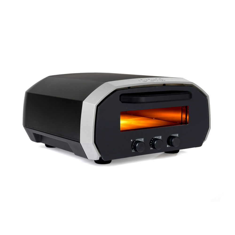 Ooni Volt 12 Electric Pizza Oven is an elongated hexagonal prism. The main body is black